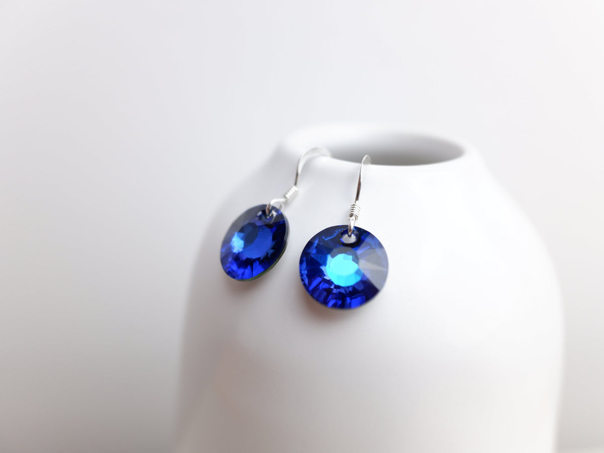 Swarovski Crystal Round Drop Earrings Bermuda Blue Sterling