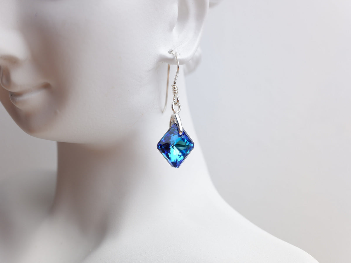 Swarovski Crystal Princess Cut Drop Earrings Bermuda Blue